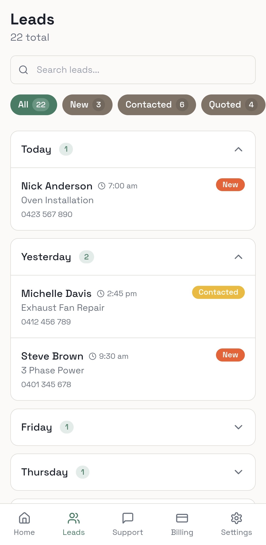 Lead list on mobile
